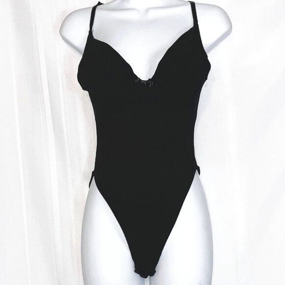 Vintage APPEL Black Ribbed Bodysuit Firmware Size 38B / 36C - Picture 1 of 7